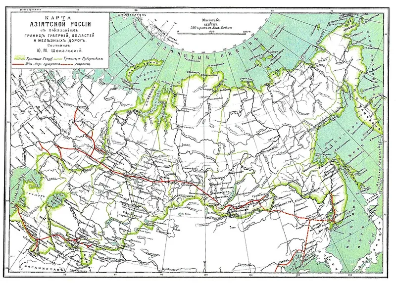 Carte du r&eacute;seau ferroviaire russe au XIXe si&egrave;cle montrant les grandes lignes de chemin de fer de l'Empire