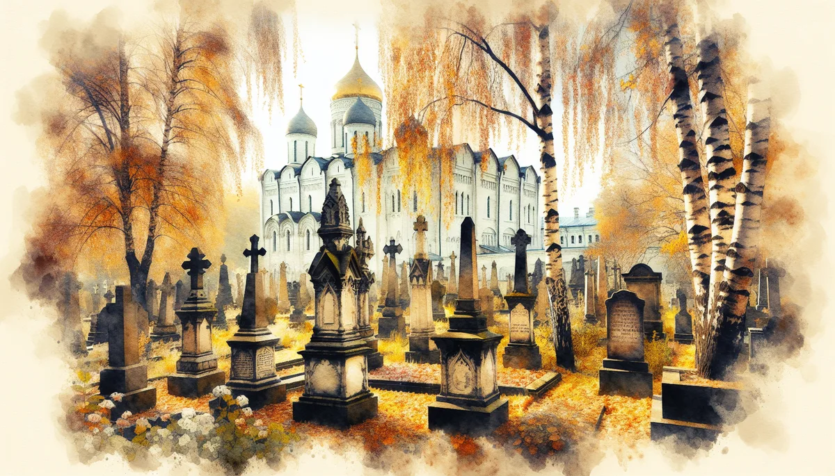 All&eacute;e principale du cimeti&egrave;re de Novodevitchi &agrave; Moscou, bord&eacute;e de monuments fun&eacute;raires et d&rsquo;arbres centenaires