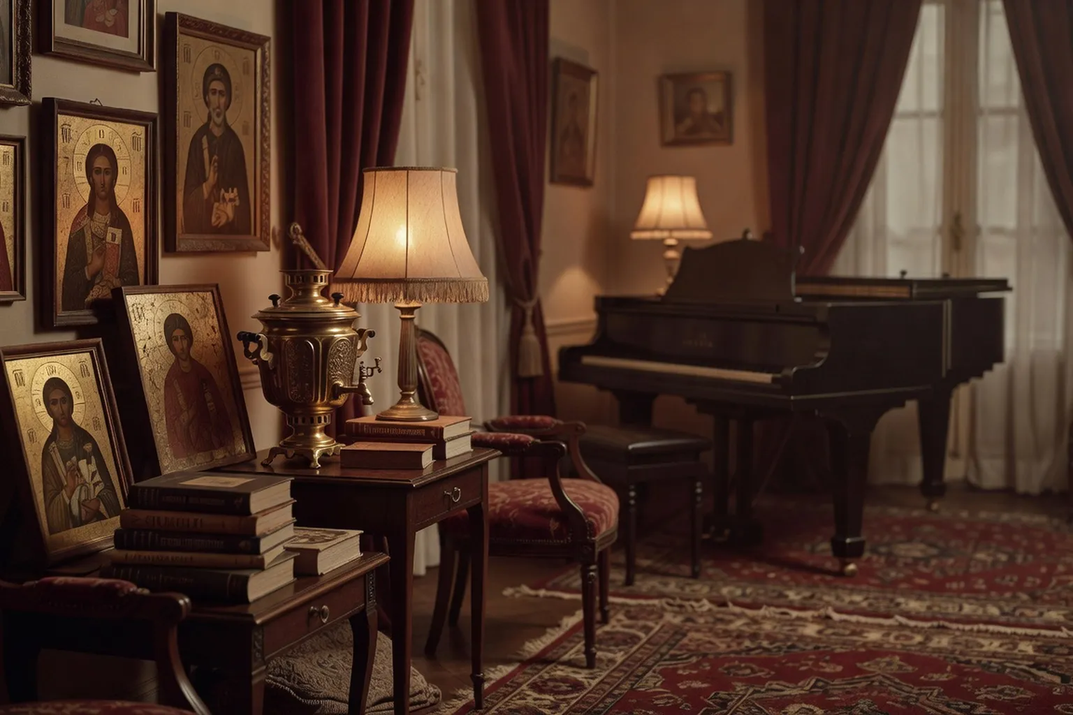 Salon russe parisien des ann&eacute;es 1920 dans le quartier d'Auteuil, samovar et personnages discutant autour d'une table